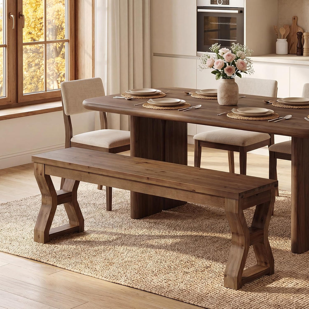 Set of 2 Solid Wood Dining Bench with Sturdy X-Cross Legs | 55" Farmhous...