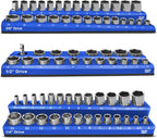 Magnetic Socket Organizer Set -3 Piece Metric Magnetic Socket Holder Set Blue - 1/2-inch, 3/8-inch & 1/4-inch Drive, Holds 75 Sockets, Professional Grade Socket Tray Organizer. NEW VERSION
