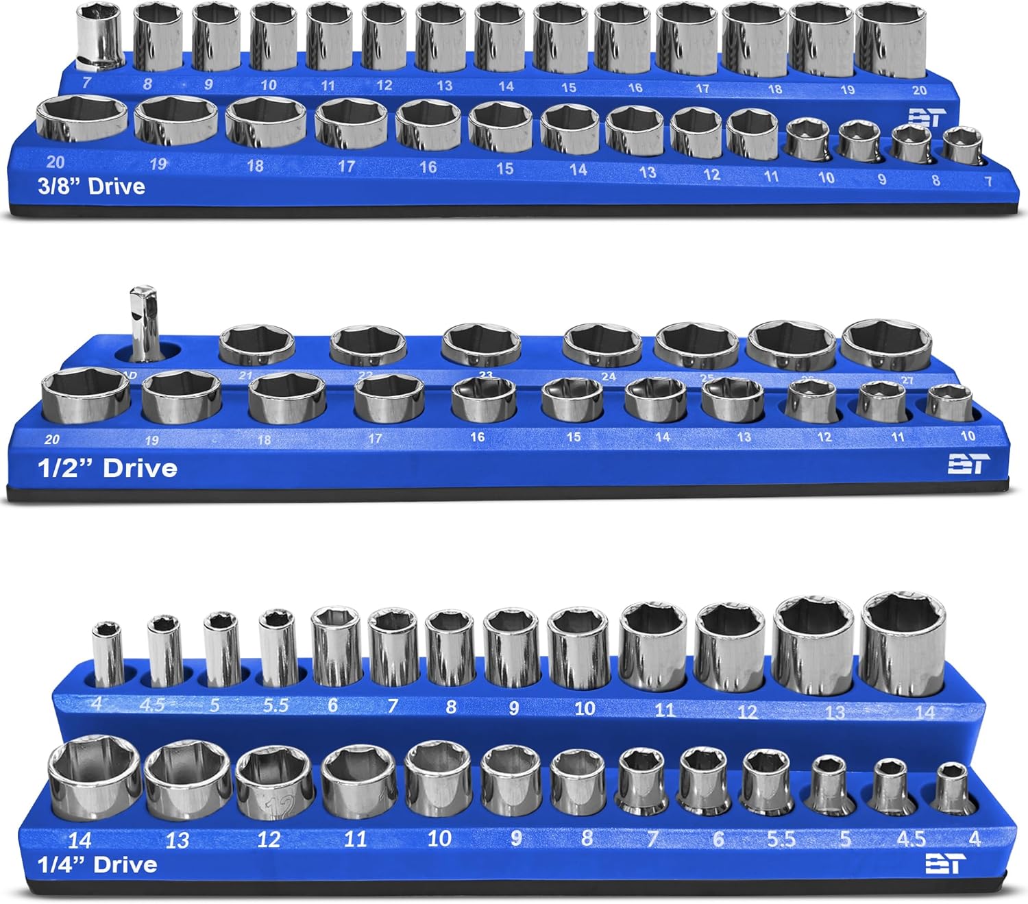 Magnetic Socket Organizer Set -3 Piece Metric Magnetic Socket Holder Set Blue - 1/2-inch, 3/8-inch & 1/4-inch Drive, Holds 75 Sockets, Professional Grade Socket Tray Organizer. NEW VERSION