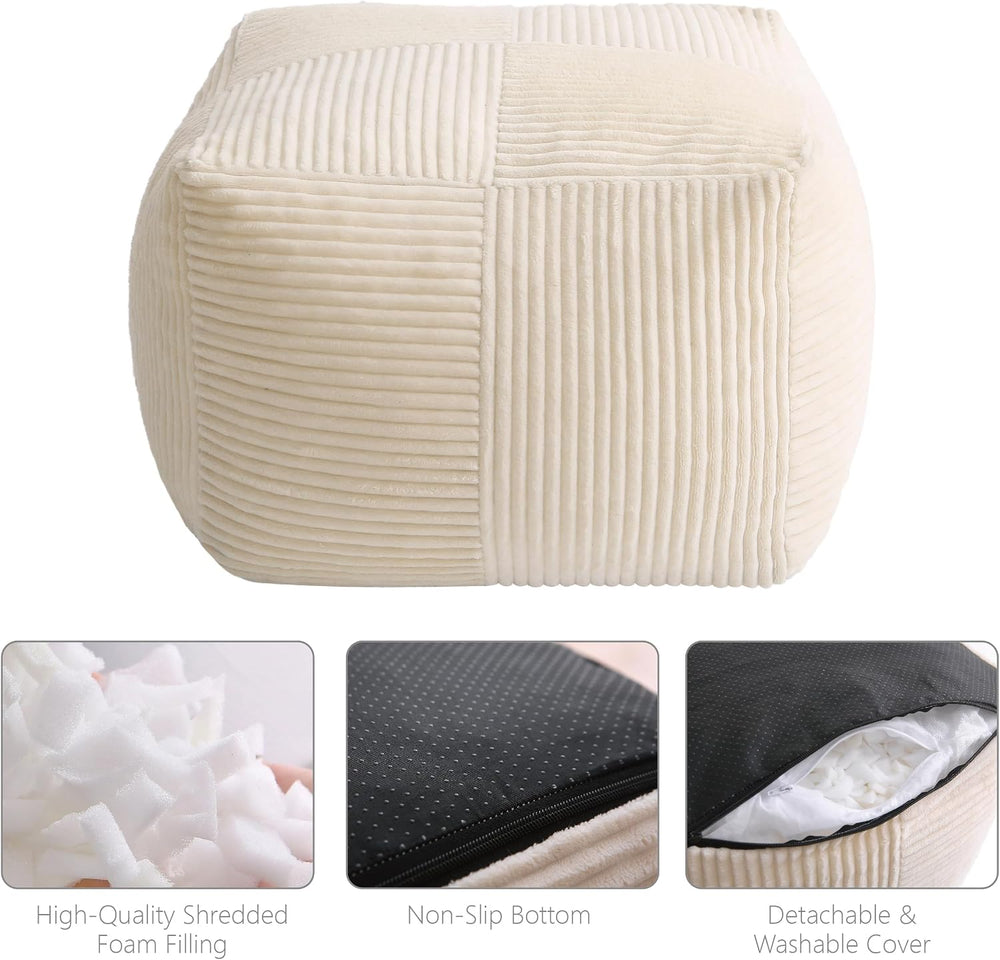 Corduroy Pouf Ottoman Foot Rest, Square Floor Pouf with Removable Cover, Soft...