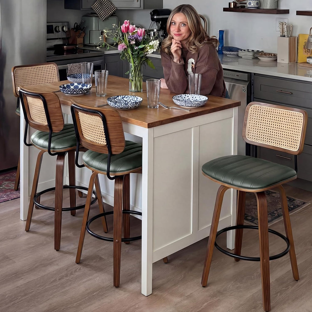 Swivel Bar Height Stools, Mid Century Modern Bar Stools wit Curved Back | Solid Bentwood Frame, Walnut Finish, Cane Back, PU Leather Upholstered Seat, Kitchen BarStools for Bar, Cafe, Pub, Restaurant