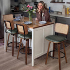 Swivel Bar Height Stools, Mid Century Modern Bar Stools wit Curved Back | Solid Bentwood Frame, Walnut Finish, Cane Back, PU Leather Upholstered Seat, Kitchen BarStools for Bar, Cafe, Pub, Restaurant