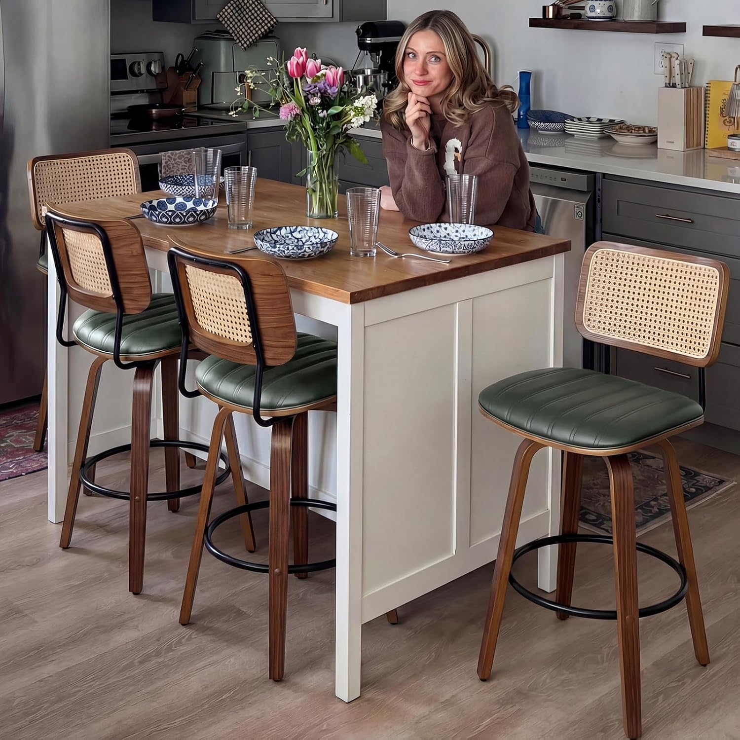 Swivel Bar Height Stools, Mid Century Modern Bar Stools wit Curved Back | Solid Bentwood Frame, Walnut Finish, Cane Back, PU Leather Upholstered Seat, Kitchen BarStools for Bar, Cafe, Pub, Restaurant