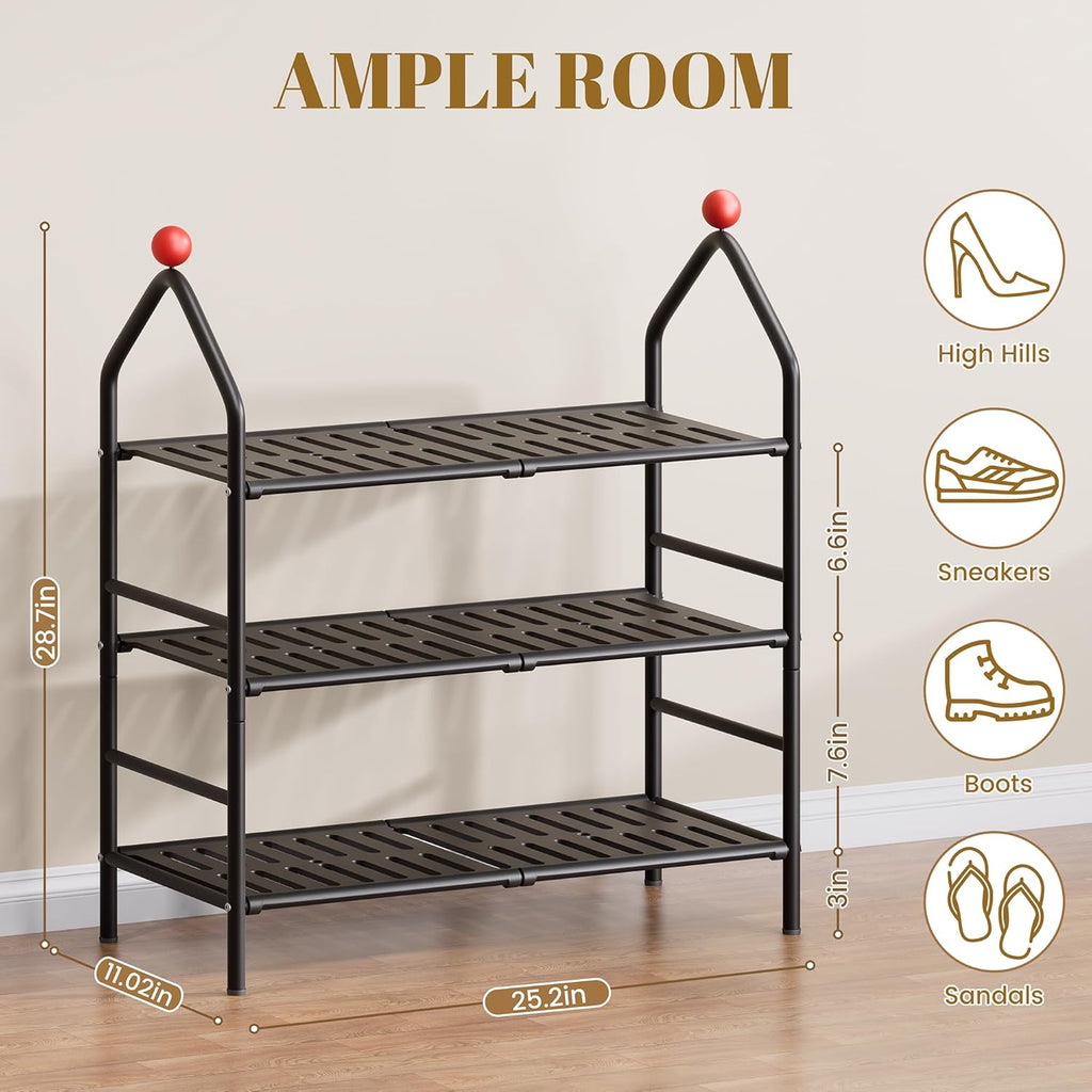 Shoe Rack, 3-Tier Shoe Organizer, Metal Storage Shelf, Shoe Rack for Closet, Free Standing Shoe Racks for Entryway, Garage & Doorway, Sturdy Shoe Shelves, Black