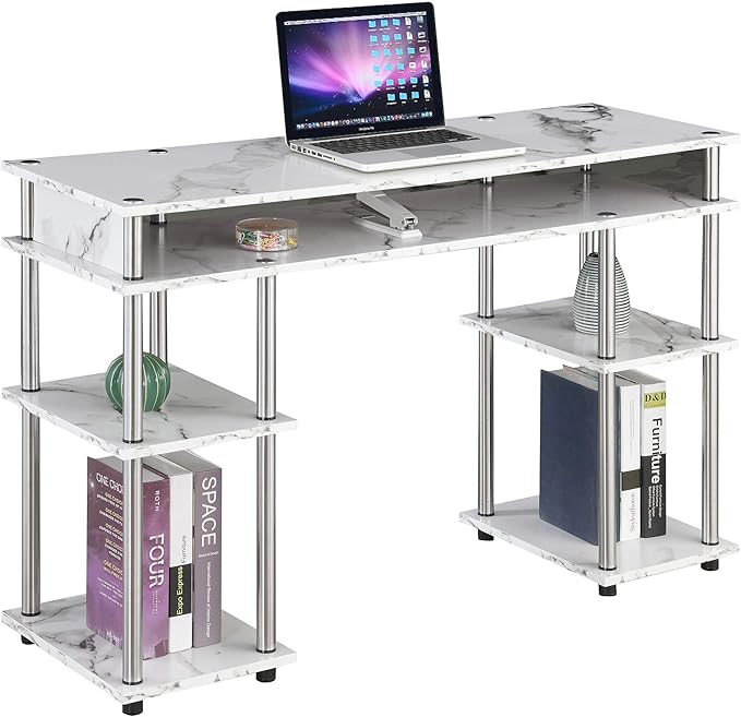 Convenience Concepts Designs2Go No Tools Desk Home Office Desk with Shelves, Corner Shelf Vanity Desk Computer Desk Nail Table for Nail Tech - 47.25" L x 15.75" W x 30" H, White Faux Marble