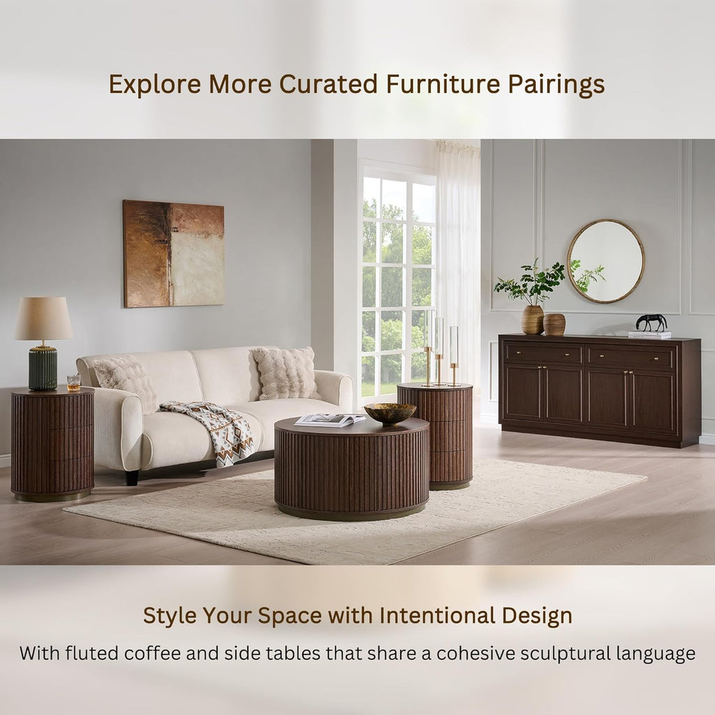 JXQTLINGMU 33" Round Coffee Table with Storage, Fluted Drum Coffee Table, Hidden Push-to-Open Drawer, Natural Walnut