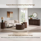 JXQTLINGMU 33" Round Coffee Table with Storage, Fluted Drum Coffee Table, Hidden Push-to-Open Drawer, Natural Walnut