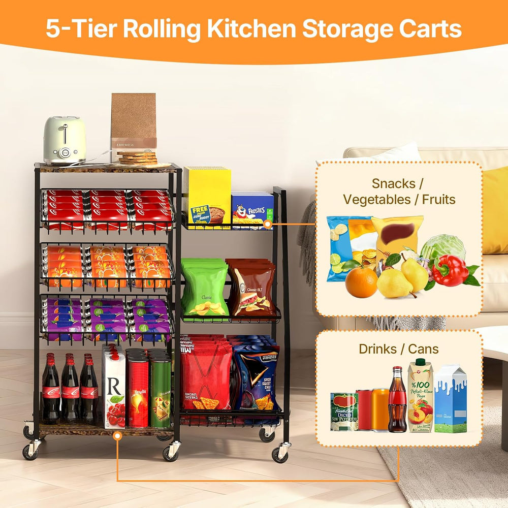 Pinzoveco 5-Tier Rolling Kitchen Storage Carts, Snack Cart with Wheels, Fruit...