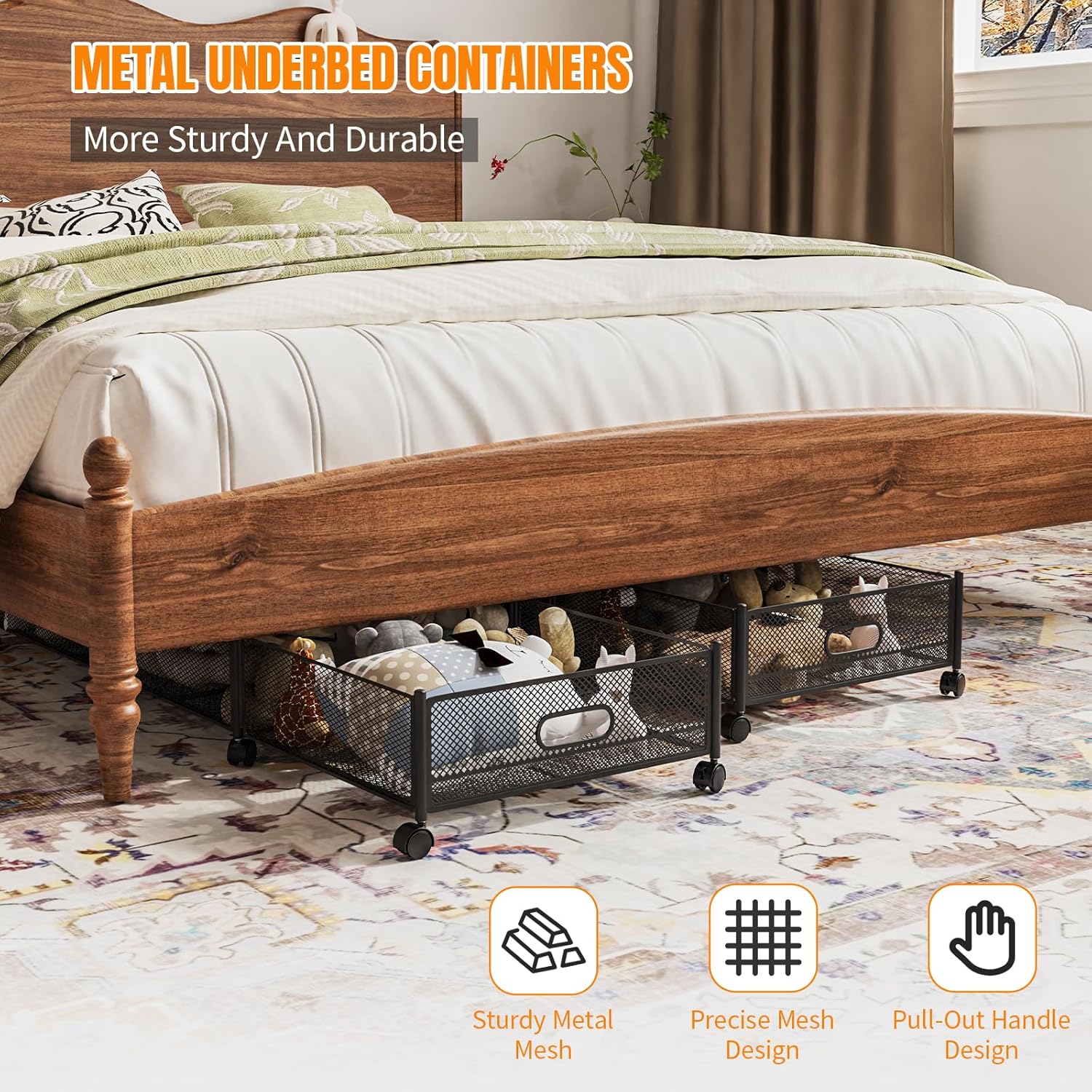 Under Bed Storage With Wheels, 47.2''/90lbs/57.6L, Metal Frame Under Bed Rolling Storage, Tool-Free Assembly Underbed Drawers, Underbed Organizer Containers for Shoes, Clothes and Toys