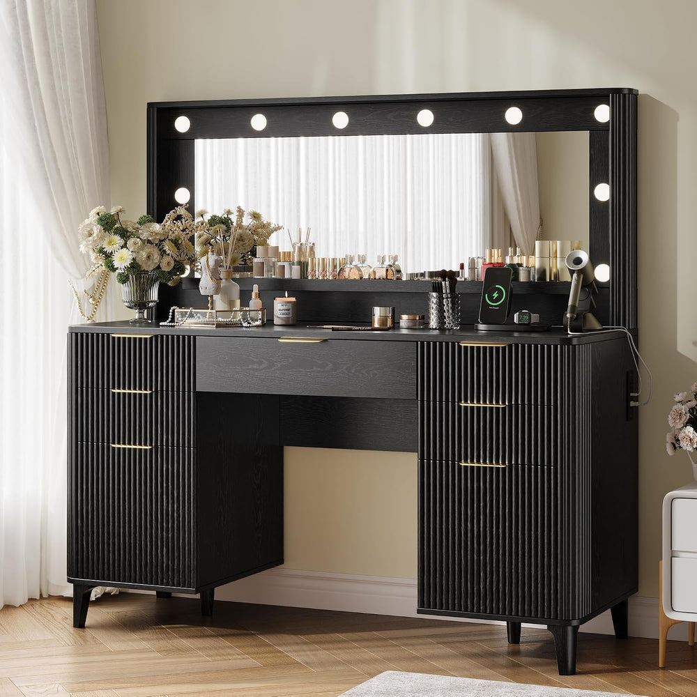 Fluted Makeup Vanity Desk with Large 39.3" Mirror and Lights, 48.8"...