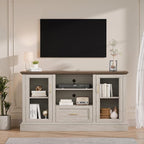 Beige Farmhouse TV Stand with Storage Cabinets and Glass Doors, Entertainment Center for 75 Inch TV, Media Console Side Storage Cabinets for Living Room