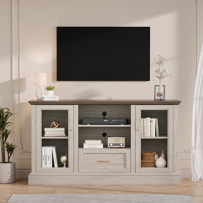 Beige Farmhouse TV Stand with Storage Cabinets and Glass Doors, Entertainment Center for 75 Inch TV, Media Console Side Storage Cabinets for Living Room