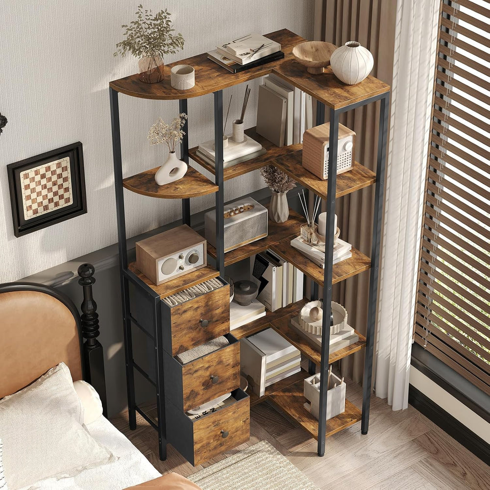 YATINEY Corner Bookshelf, 5-Tier L-Shaped Bookcase with 3 Fabric Drawers, Sto...