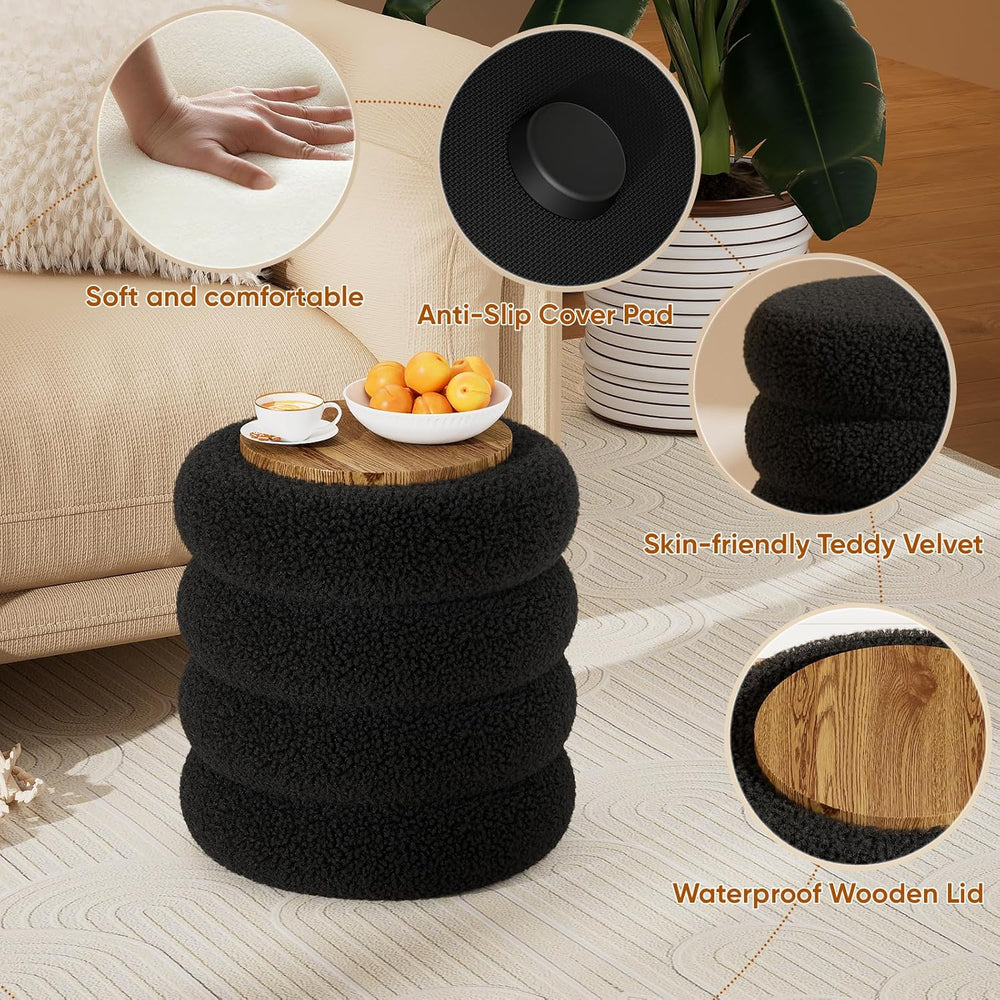 Soft Teddy Round Ottoman with Tray, 17.5 Inches Ottoman Coffee Table with Sto...