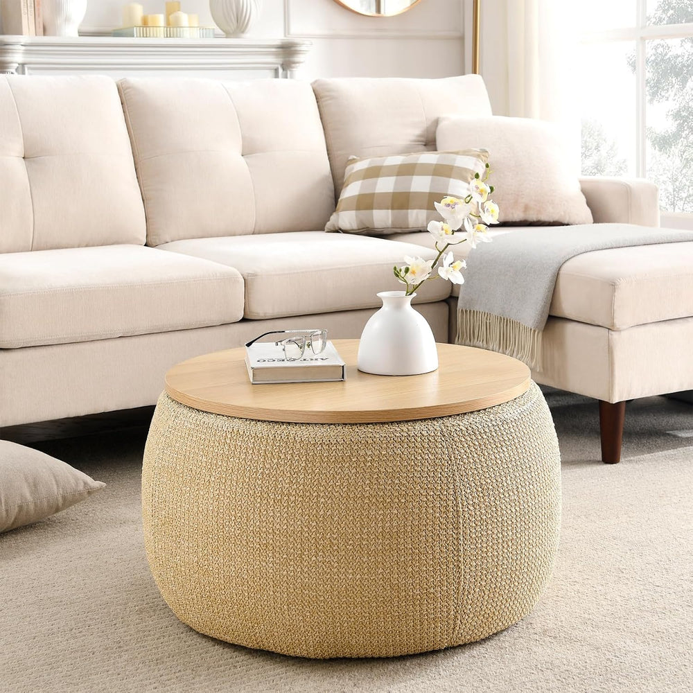 Round Storage Ottoman, 2 in 1 Function, Work as End Table and Ottoman, Natura...