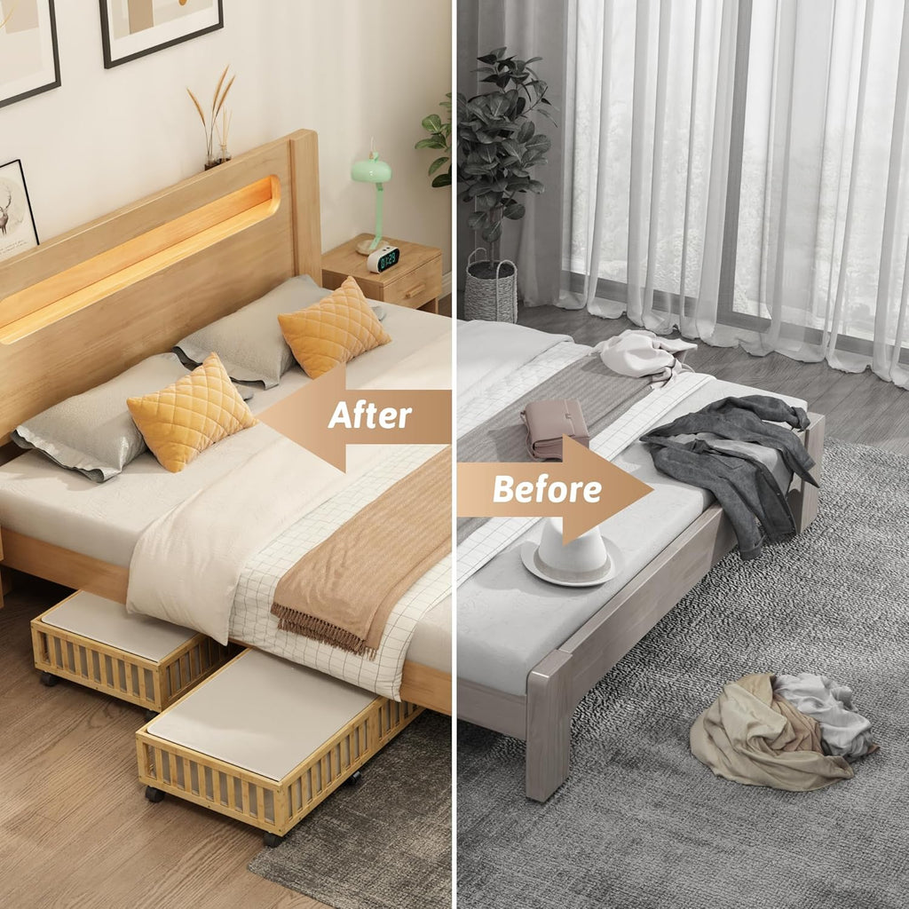 Bamboo Under Bed Storage Containers with Wheels, 2 Pack Large Under the Bed Shoe Storage Bins, Wood Rolling Underbed Drawers Organizer for Bedroom Closet Clothes Blanket Under Crib Toy Nature