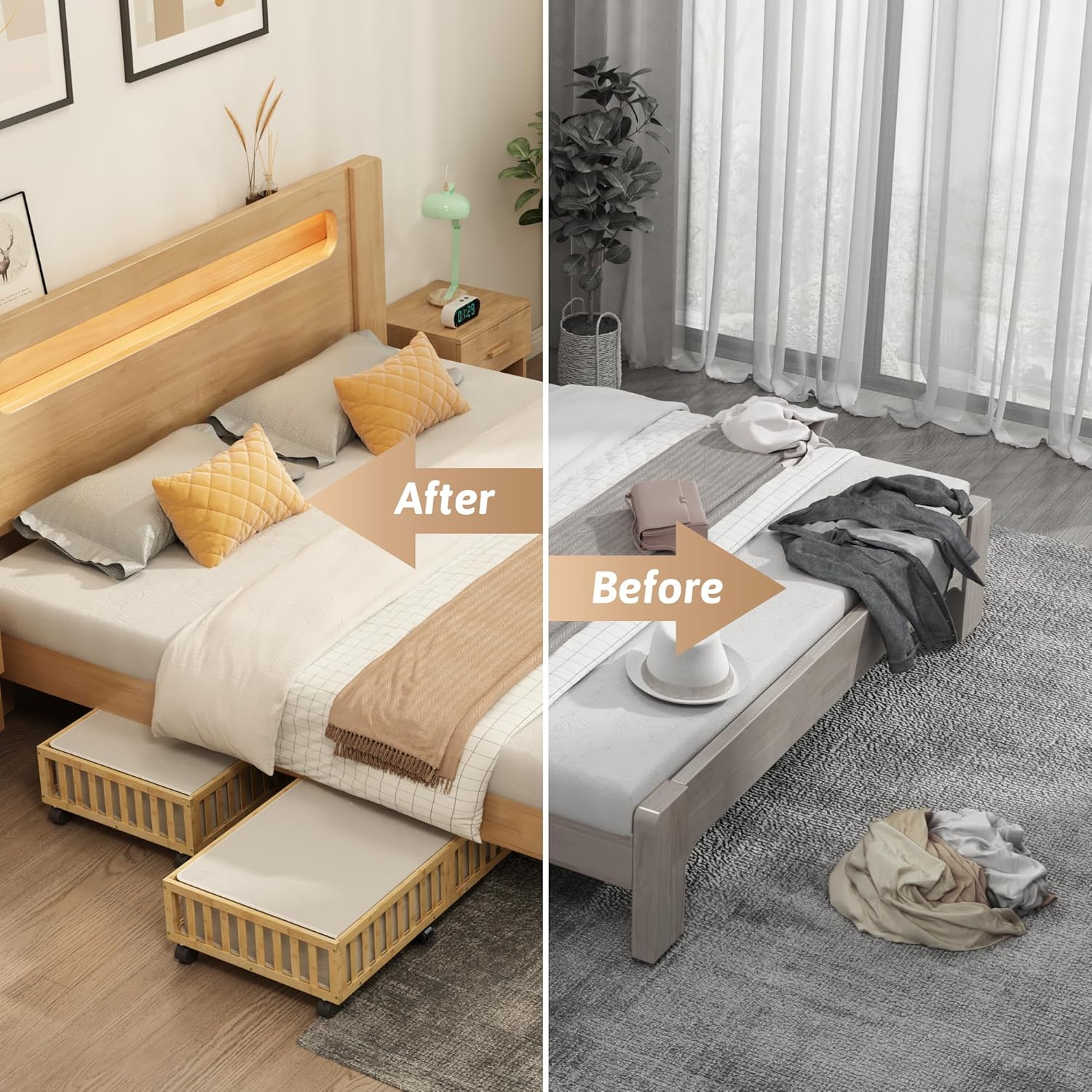 Bamboo Under Bed Storage Containers with Wheels, 2 Pack Large Under the Bed Shoe Storage Bins, Wood Rolling Underbed Drawers Organizer for Bedroom Closet Clothes Blanket Under Crib Toy Nature