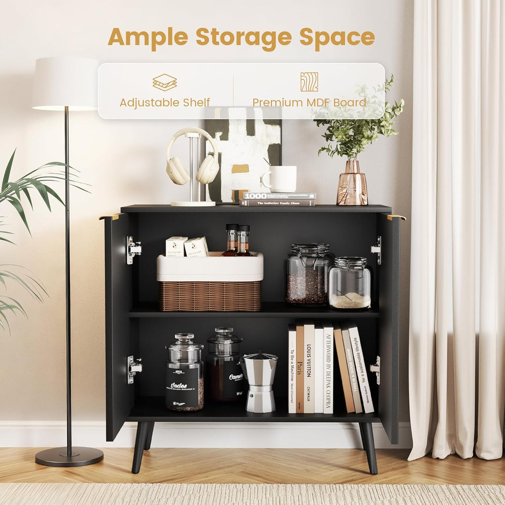 Black Fluted Buffet Cabinet, Free Standing Sideboard with Storage, Wood Accen...