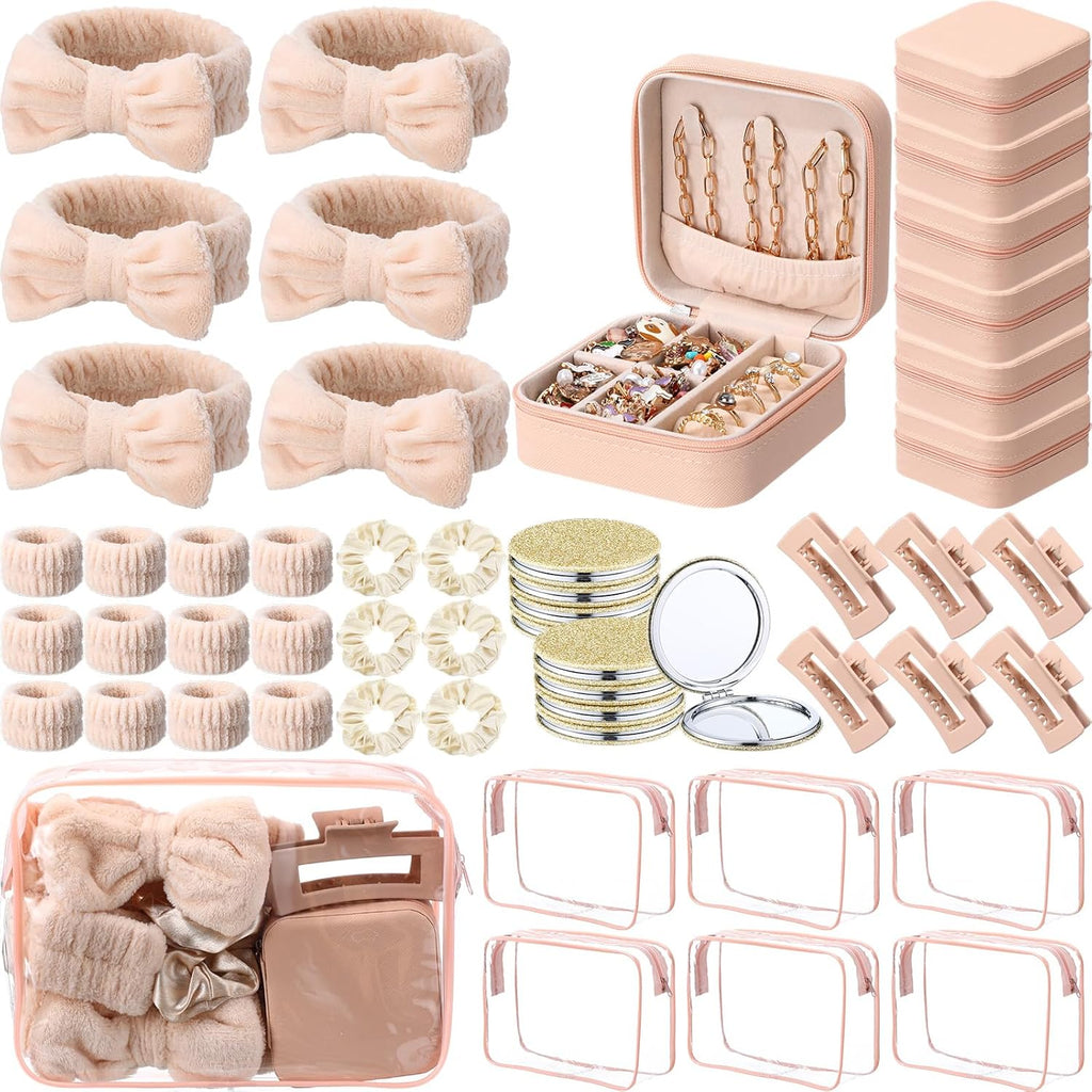 48 Pcs Sleepover Party Supplies Kit Bridesmaid Proposal Gifts Slumber Birthday Spa Party Favors Bow Headband Scrunchies Jewelry Case Makeup Bag Mirror for Gifts (Beige)