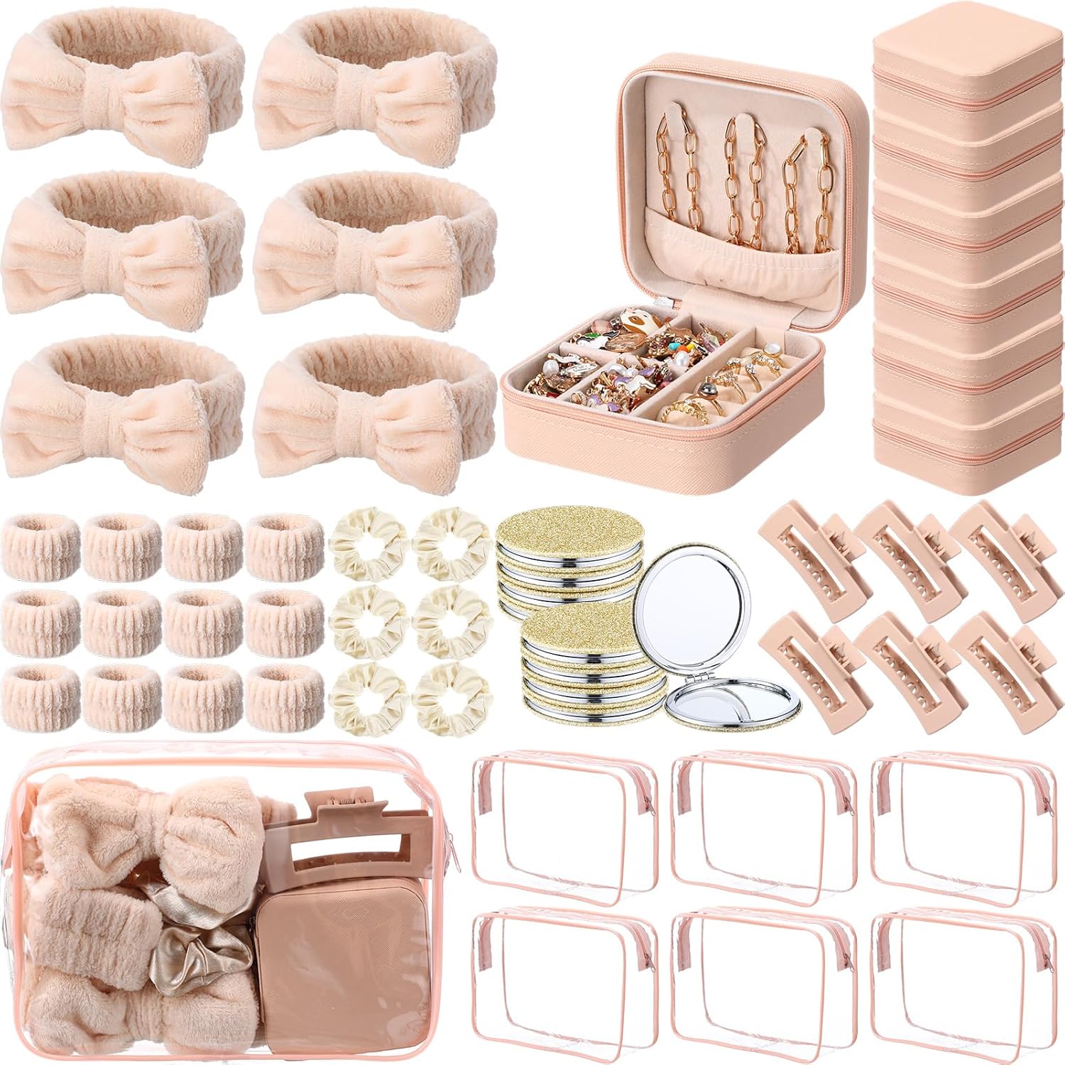 48 Pcs Sleepover Party Supplies Kit Bridesmaid Proposal Gifts Slumber Birthday Spa Party Favors Bow Headband Scrunchies Jewelry Case Makeup Bag Mirror for Gifts (Beige)