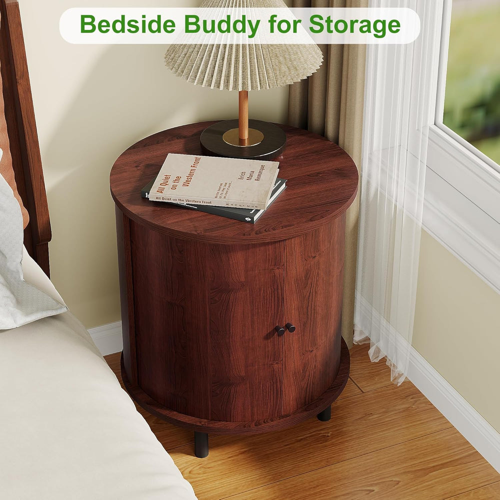 FROMJBEST Round End Table with Storage, Fluted Accent Side Table with Sliding...