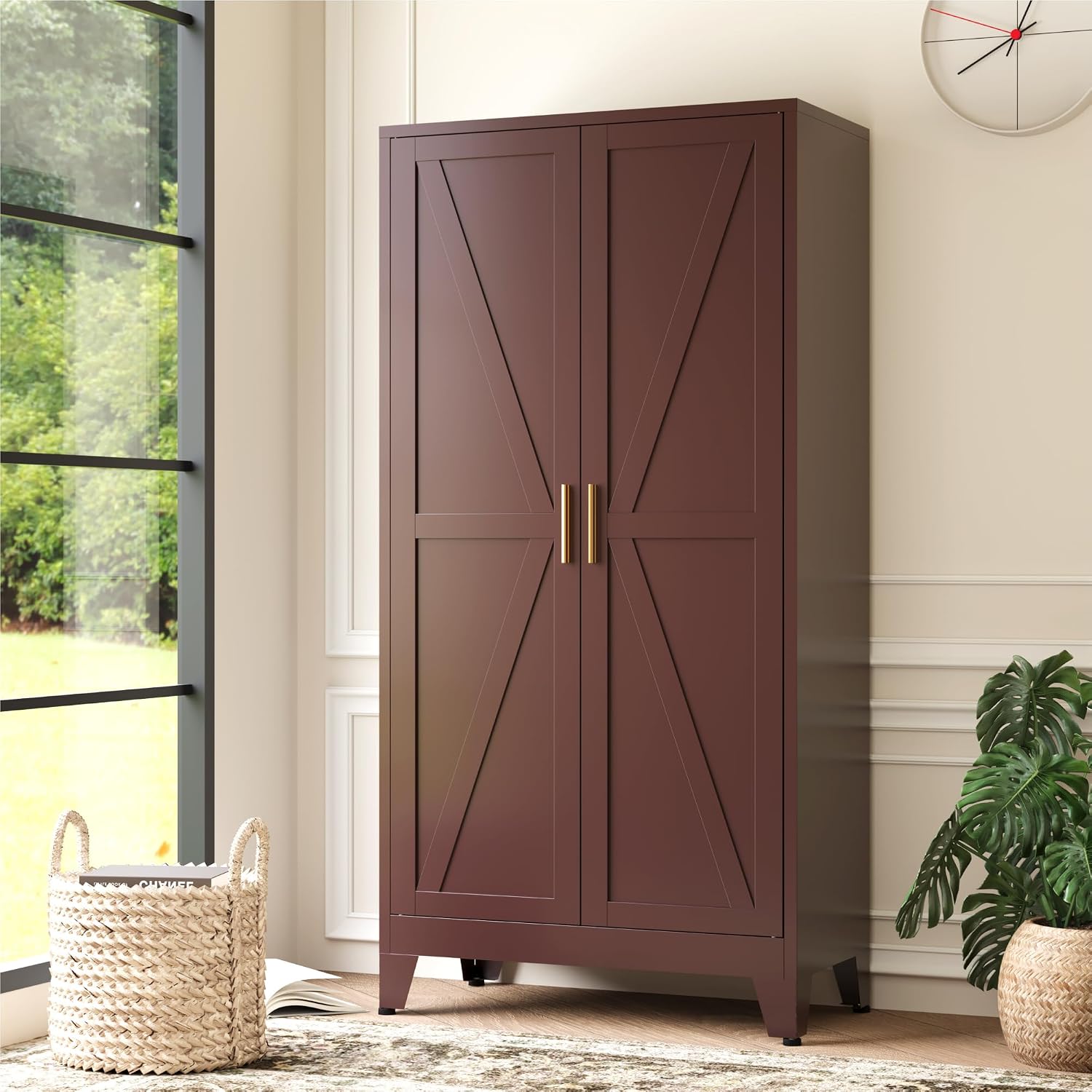 Baborokic 61H Metal Storage Cabinet with 2 Doors and Adjustable Shelves,Farmhouse Storage Cabinet with Barn Doors,Pantry Storage for Home,Office,Dining Room,Kitchen(Burgundy)