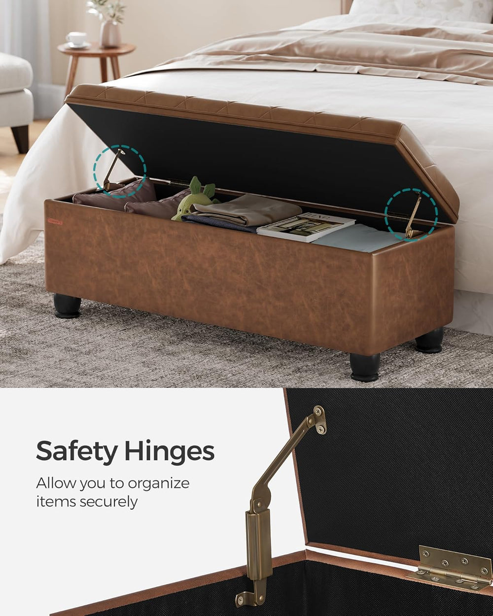 SONGMICS Storage Ottoman, 46.5 Inches Long Bed End Stool, Solid Wood Legs | B...