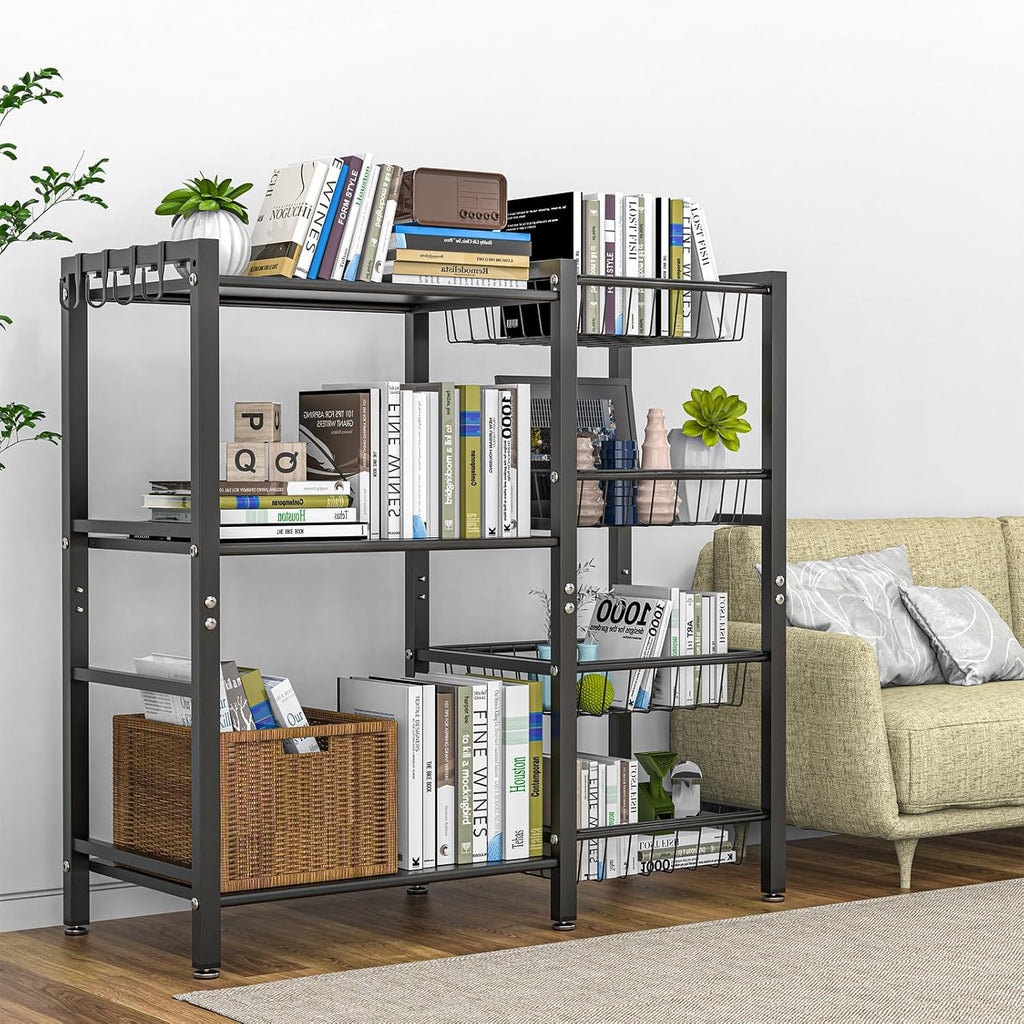 Hastatii Storage Rack Kitchen Baker's Rack - 3 Tiers 4 Baskets, Utility Coffee Bar, Air Fryer Stand with Steel Mesh Baskets