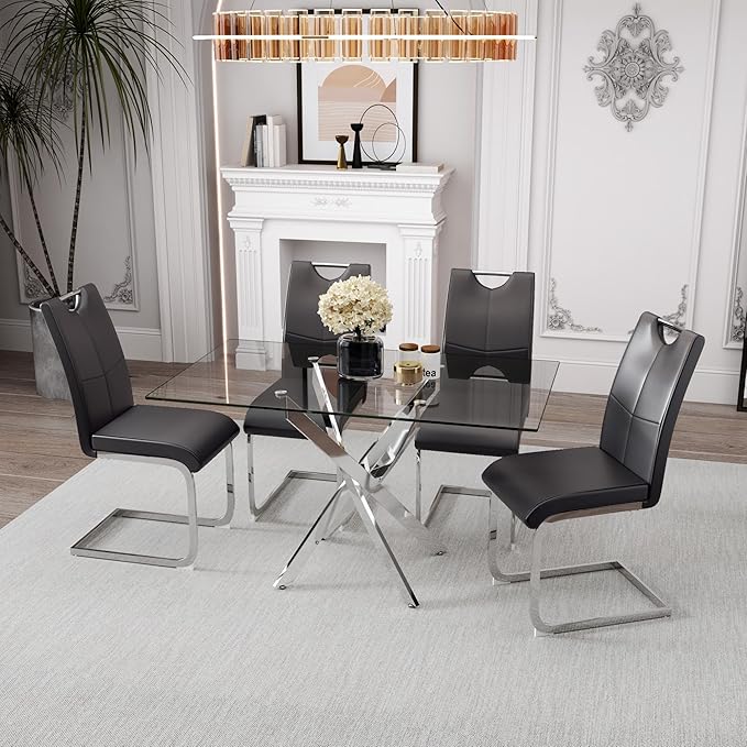 5 Piece Dining Table Table Set, Modern Tempered Glass Dining Table Set for 4 Kitchen Table Set with 4 Upholstered Chairs for Kitchen Dining Room (Sliver Table with Grey Hoop Leg Chairs)