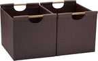 HOONEX Large Collapsible Storage Bins, Linen Fabric, 2 Pack, Storage Baskets with Wooden Carry Handles and Sturdy Heavy Cardboard, for Home, Office, Car, Nursery, Brown