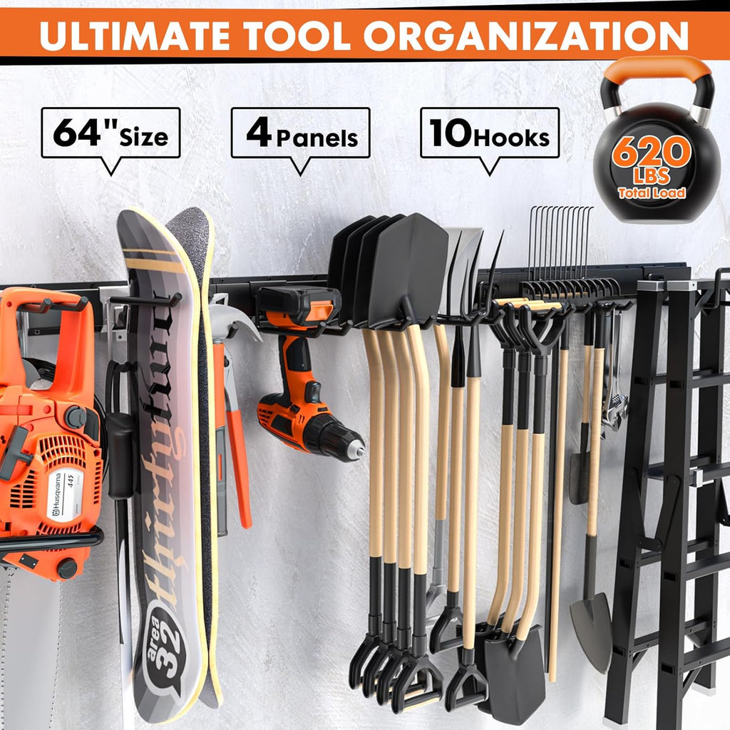 64 Inches Garage Storage, Garage Organization, Wall Mount Garden Tool Organizer, Max 620lbs Adjustable Metal Hooks, Yard Shed Rack, Tool Holder for Hanging Rake Broom Mop Snowboard