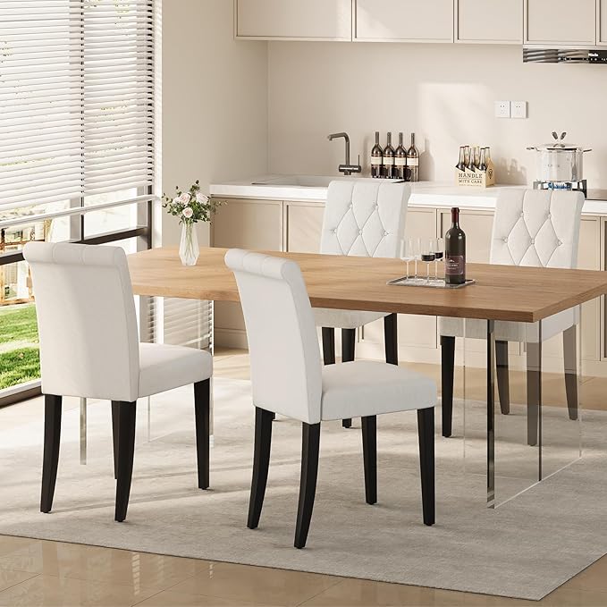 Upholstered Dining Chairs Set of 4, Button Tufted Parsons Dining Chair with Solid Wood Legs, Modern Fabric Side Chair for Hotel/Dining Room/Kitchen/Restaurant- White