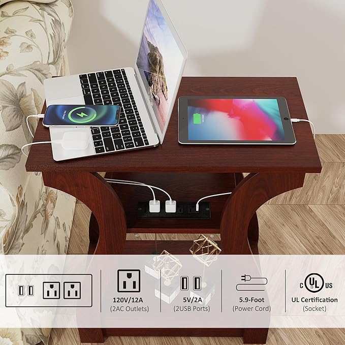 End Tables Living Room, Cherry End Table with Charging Station, Nightstand fo...