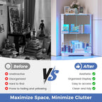 Corner Display Cabinet Set of 2 with Glass Doors, Small Display Case with 3-Color LED Lights and Charging Station, 2-Tier Curio Cabinet with Storage and Shelf, White