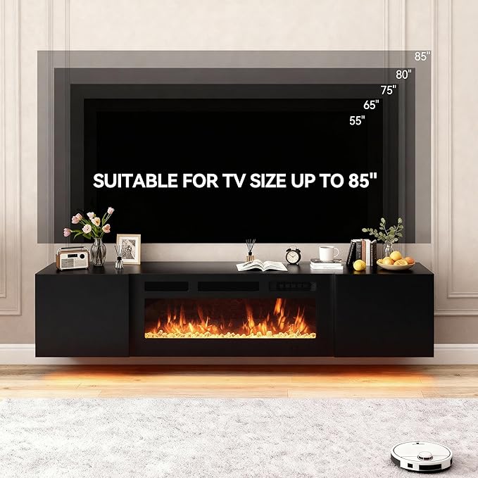 MXV 80'' Floating TV Stand with 40" Electric Fireplace, Modern Media Entertainment Center, TV Console Cabinet Wall Mounted with Adjustable 12-Color LED Lights, for Living Room, Black + Black