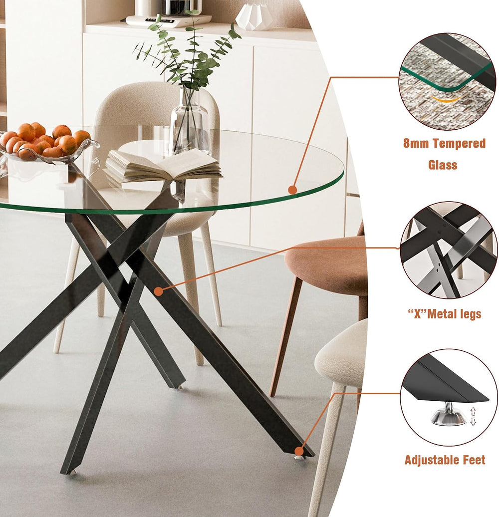 47.25 Inch Round Glass Dining Table Set for 2, Modern 3 Piece Dining Room Tab...
