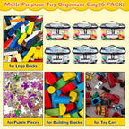 6 Pack Clear Toy Storage Bag with Name Tag& Manual Pocket, Waterproof Transparent PVC Toy Organizer Case for Lego Bricks, Board Games, Building Blocks, Puzzles (Large Capacity, Black)