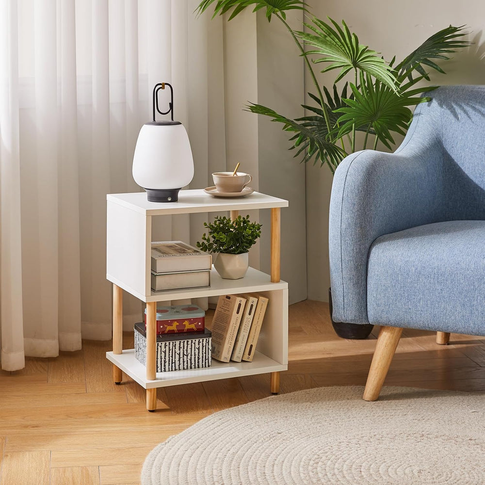 Aibiju White Night Stand with Open Storage Shelf, Wood Nightstand S Shape, Be...