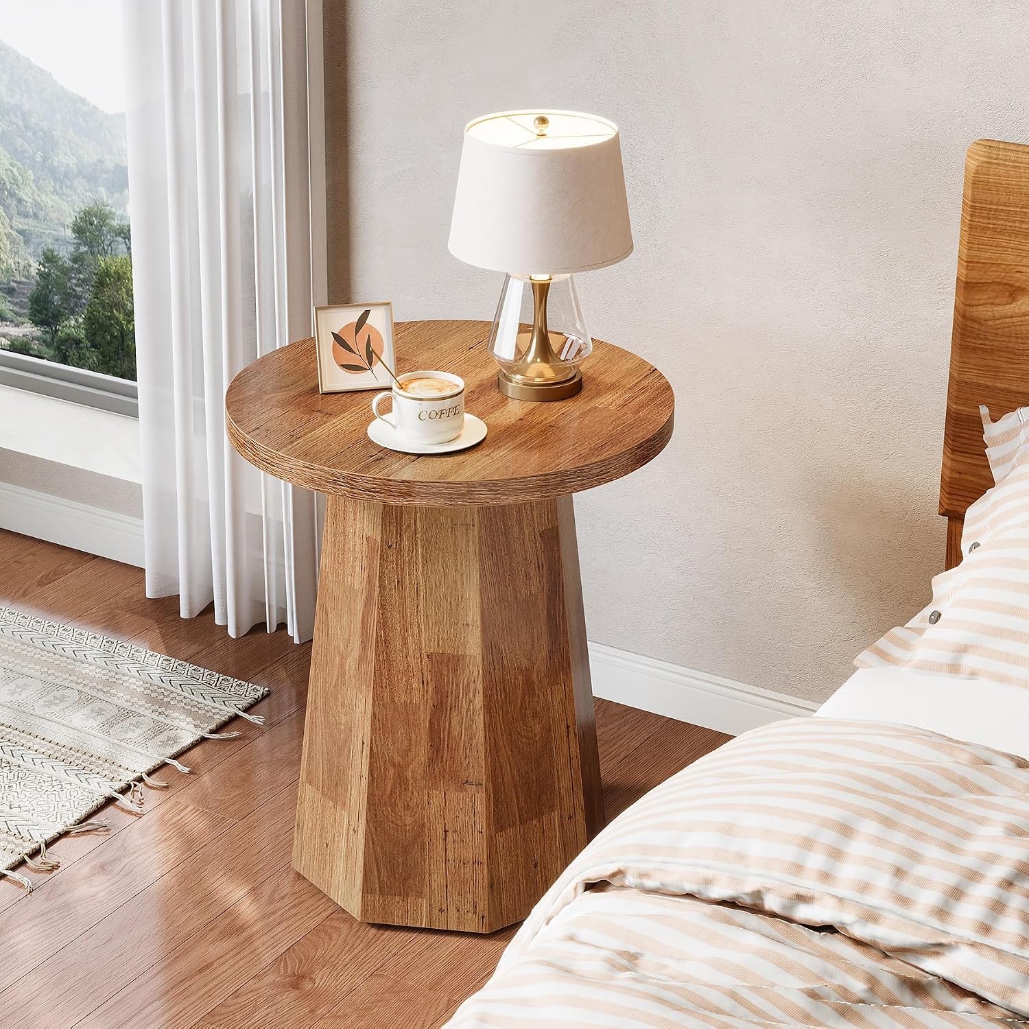 Tribesigns Round Pedestal End Table, Farmhouse Couch Side Table with Octagonal Base, Wooden Drink Stand Accent Nightstand(1, Walnut)