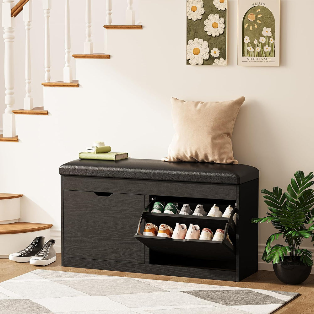 40" Shoe Storage Bench with Flip Drawers Padded Seat Cushion, Shoe Cabin...