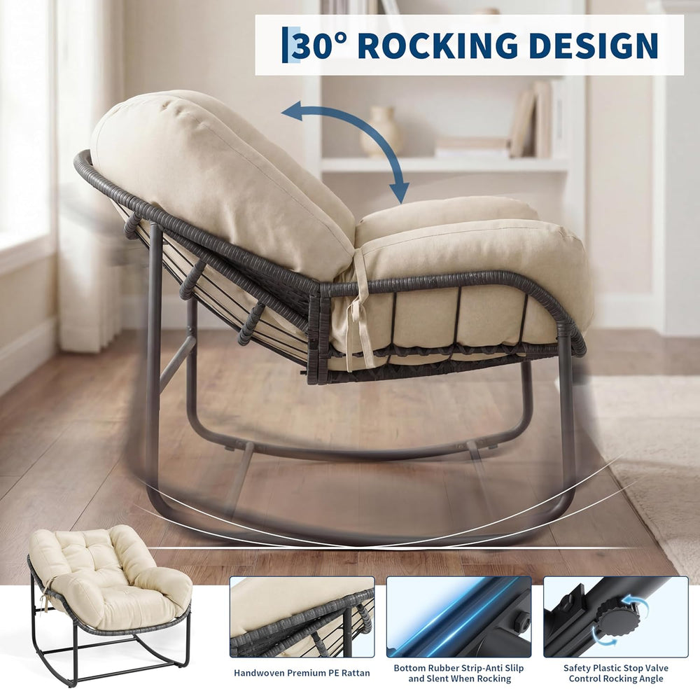 Litake Oversized Egg Shaped Wicker Outdoor Rocking Chair, Papasan Rocking Cha...