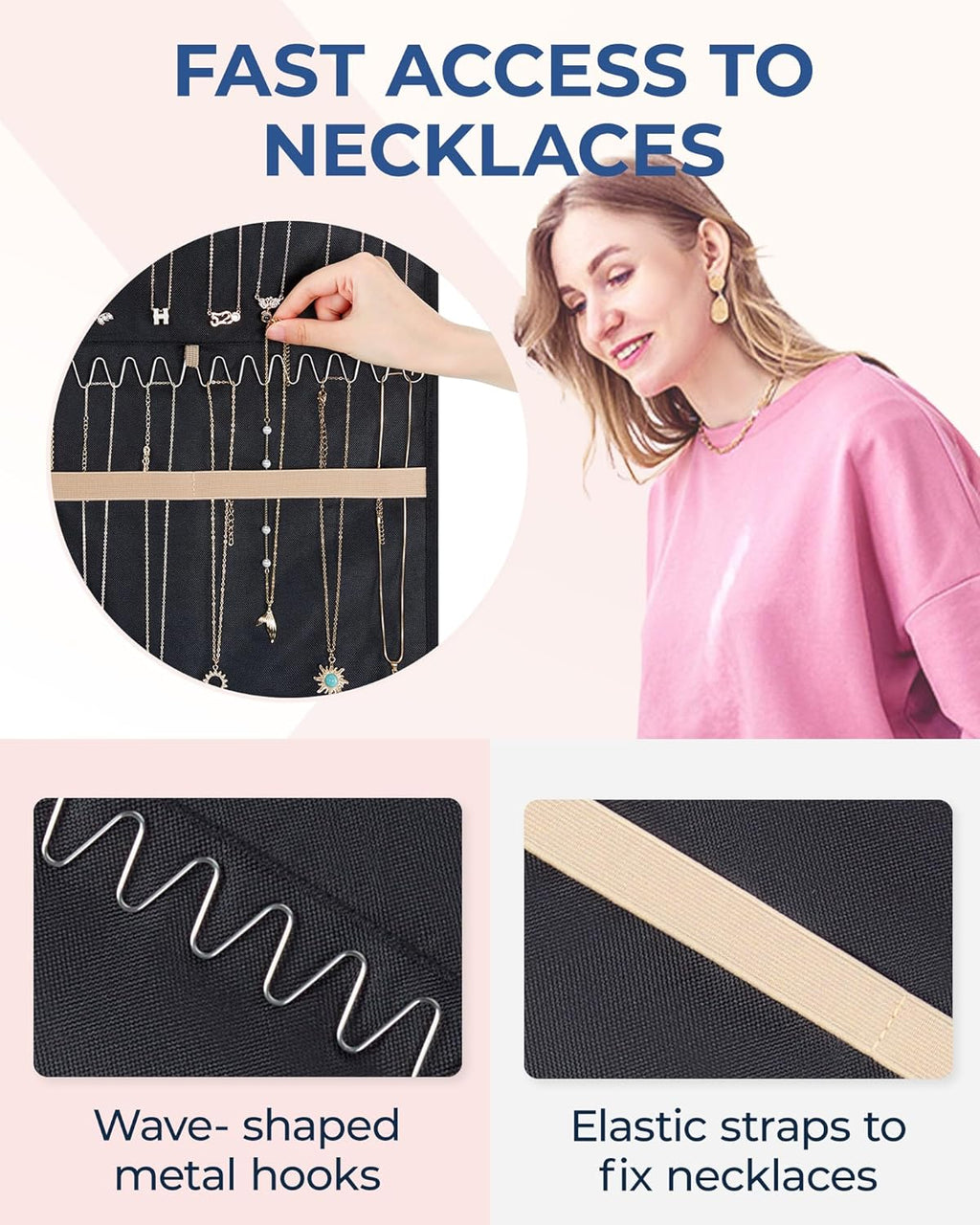 BAGSMART Hanging Necklaces Organizer Jewelry Holder Storage Roll with Hanger Metal Hooks Double-Sided Jewelry Organizer for Necklaces, Bracelets on Closet, Wall, Door, 1 piece, Large Black