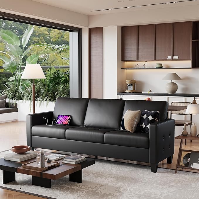 STHOUYN 73” Black Faux Leather Sofa Couch, Modern Comfy Office 3 Seater Couch Loveseat with Tufted Armrest and USB, Small Love Seat Couches for Living Room, Bedroom, Apartment