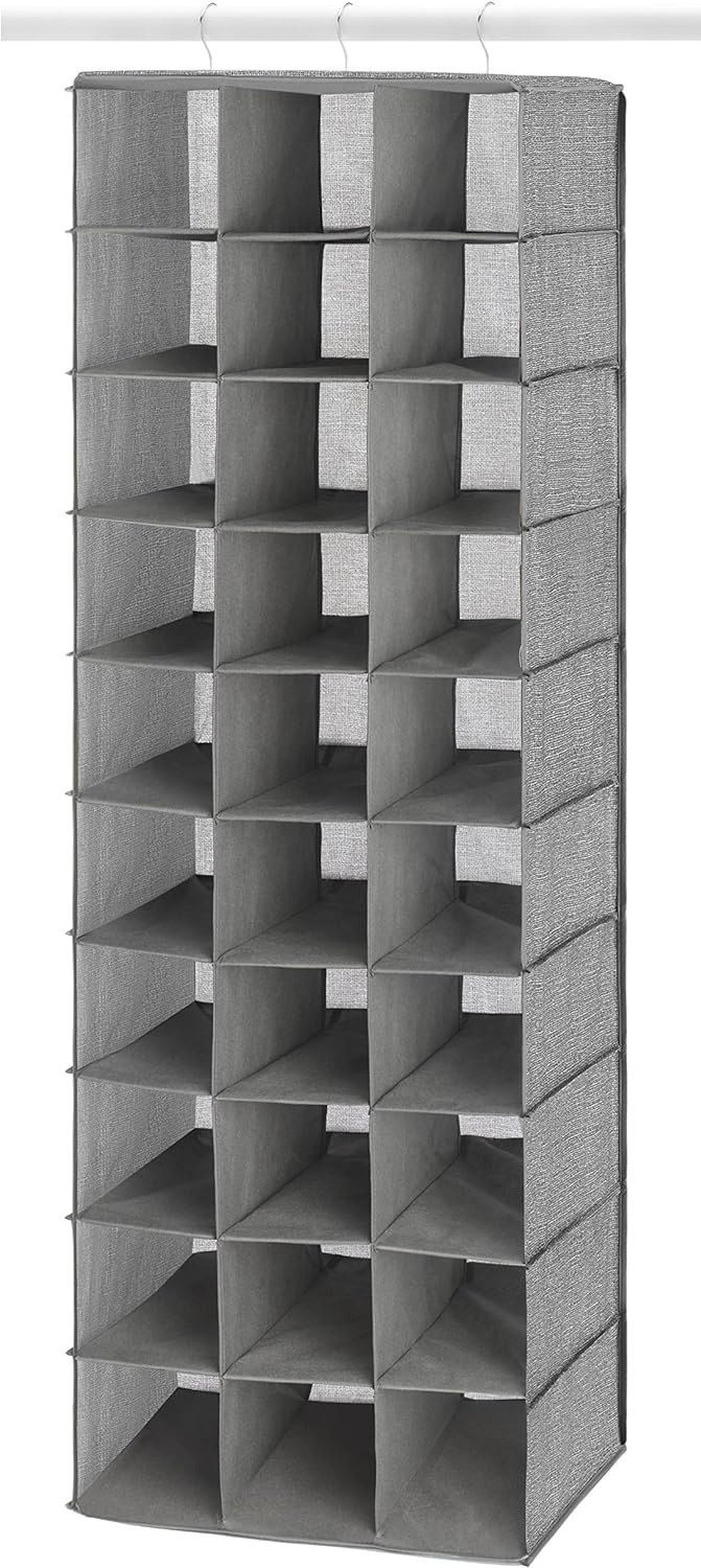Whitmor 30 Sections Hanging Clothes Closet Shoe Organizer, Space Saving Breathable Fabric Shoe Storage for Bedroom, Laundry, Dorm, Crosshatch Gray