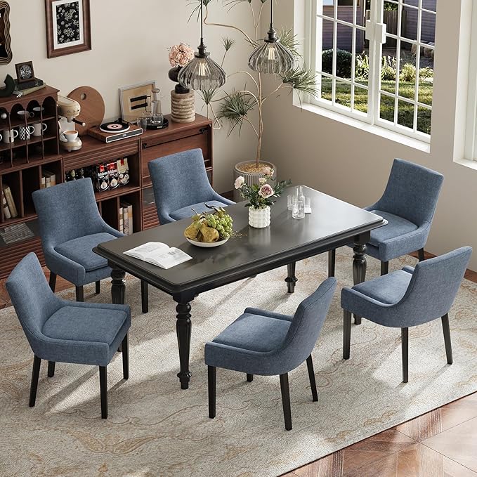 Dining Chairs Set of 2, Upholstered Corduroy Dining Room Chair with Wood Legs, Mid-Back Padded Kitchen Side Chairs for Dining Room, Blue