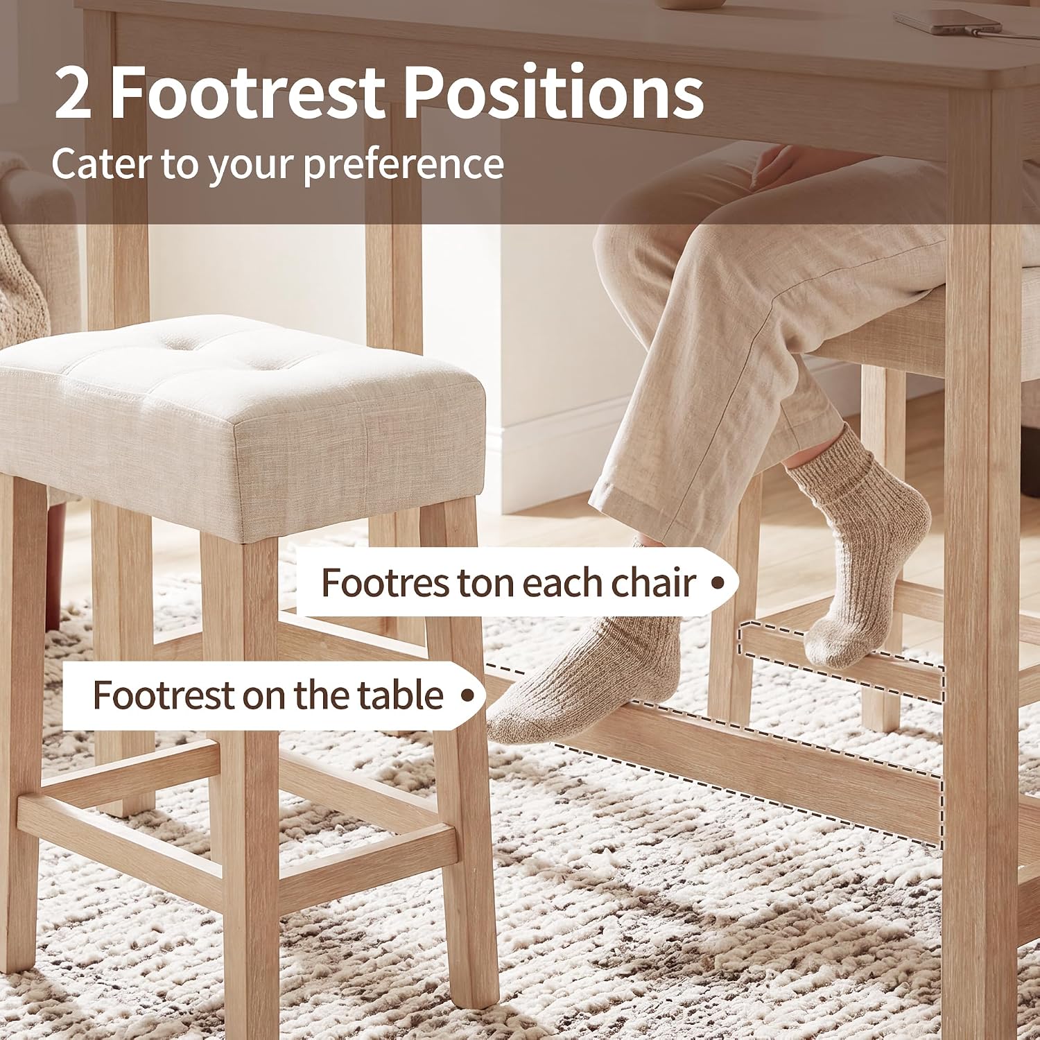 DUHOME 4 Piece Bar Table Set with Power Outlet，Dining Table Set | Industrial Breakfast Table with 3 Padded Stools Solid Wood Counter Height Bar Set for Living Room, Dining Room Natural