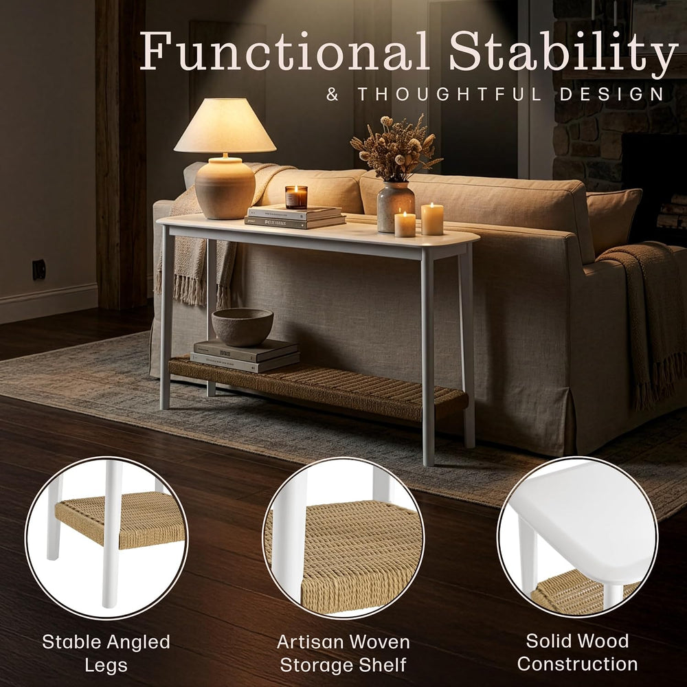 Calais Solid Wood Console Table with Woven Storage Shelf, White, 48 Inch | 2-...