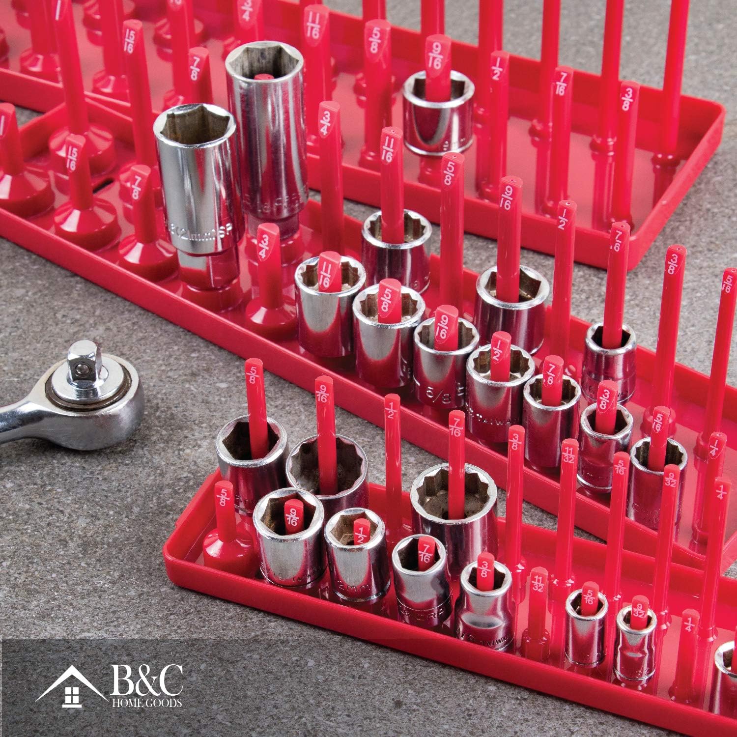 B&C Home Goods Socket Organizers - 6 Piece SAE & Metric Tray Socket Holder - Toolbox Organizers and Storage for ¼, ⅜ and ½ inch Drive Holder for Mechanics