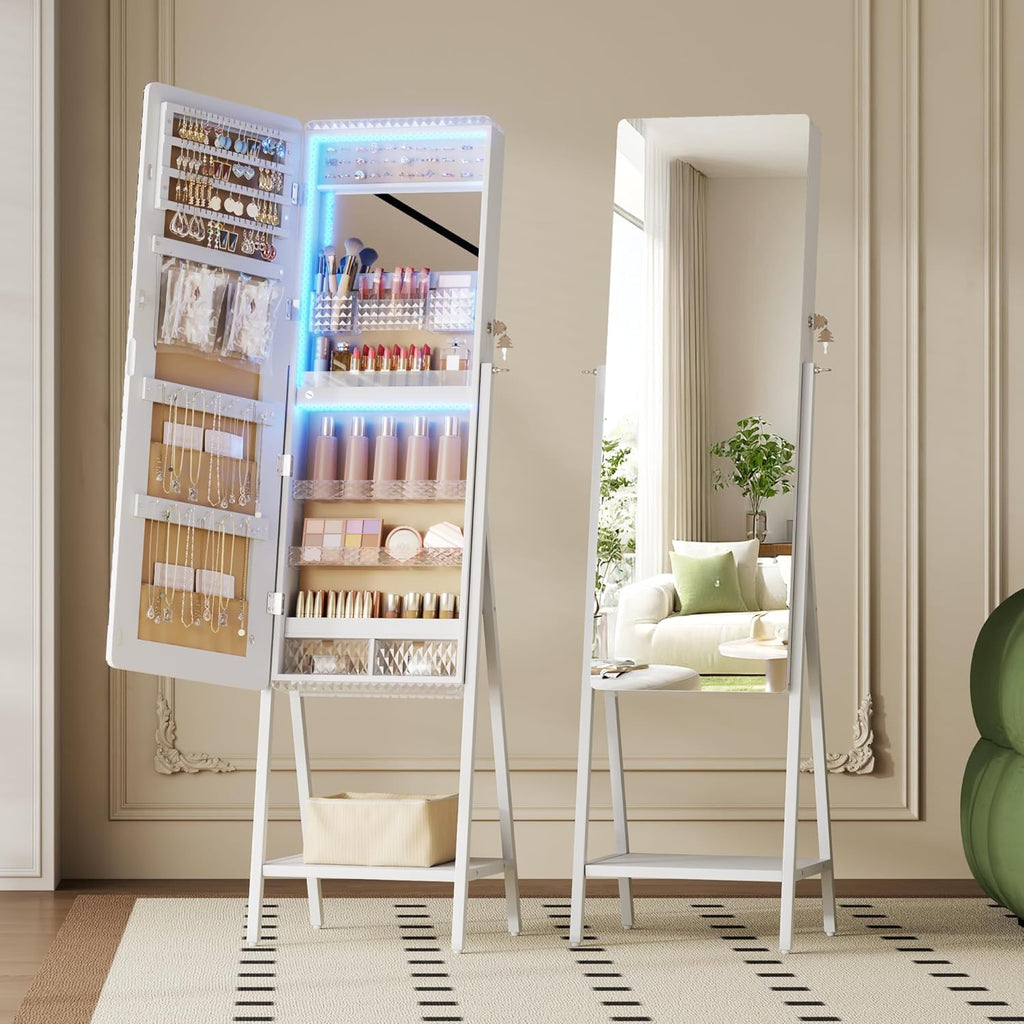 LVSOMT Jewelry Armoire Cabinet Standing, Full Length Mirror with Storage | Space-saving Mirror with Jewelry Storage, Built-in LED Makeup Mirror, Jewelry Organizer Cabinet for Women, White