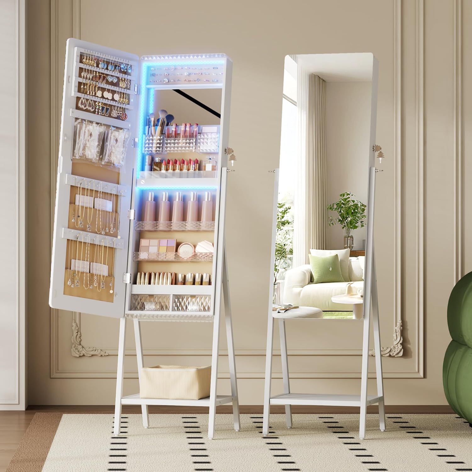 LVSOMT Jewelry Armoire Cabinet Standing, Full Length Mirror with Storage | Space-saving Mirror with Jewelry Storage, Built-in LED Makeup Mirror, Jewelry Organizer Cabinet for Women, White